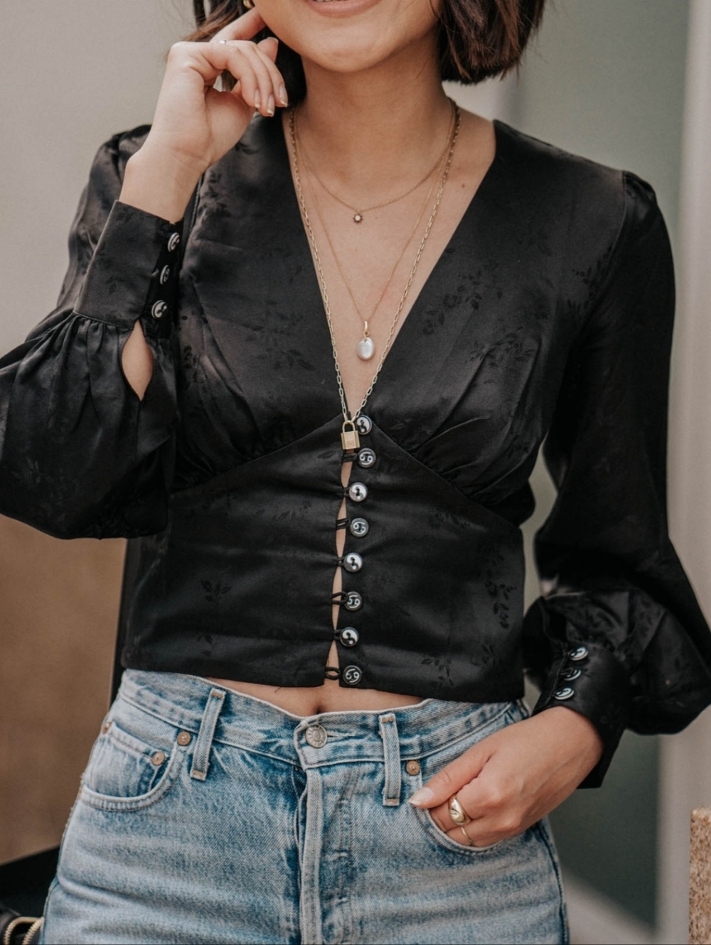 Réalisation Black Silk Buttoned Wrap Blouse/ Size XS